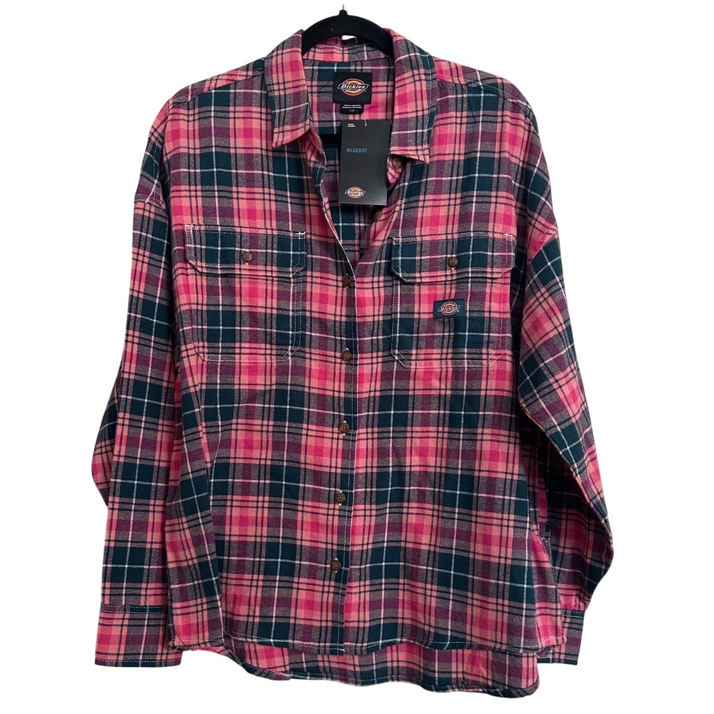 NWT Dickies‎ Relaxed Fit Plaid Flannel Button Down Shirt Pink Black L